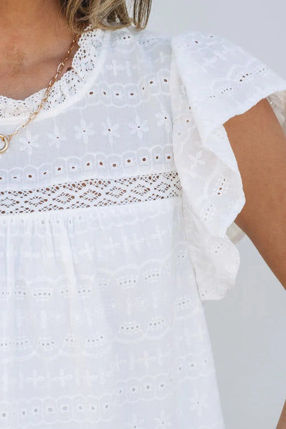Round Neck Flutter Sleeve Eyelet Blouse with Lace - Blouses