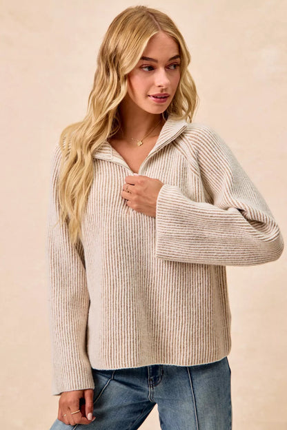 Two Tone Ribbed Knit Collared Zip Up Sweater | Trendy Sweaters Outfit Idea for Women by Ro + Ivy | Elevated Basics, Modern Comfort & Style