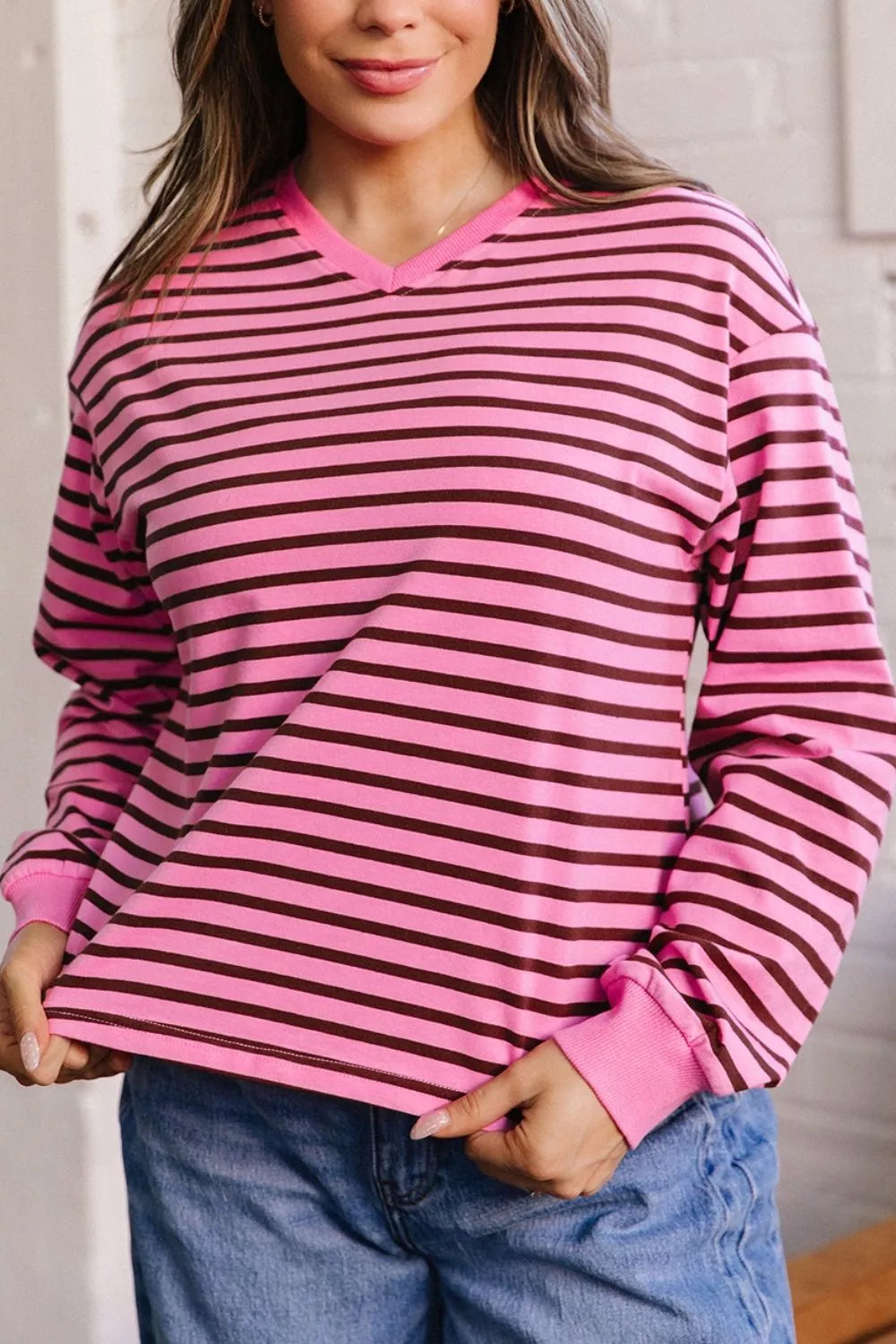 Women's Striped V-Neck Drop Shoulder Long Sleeve Top - Tops