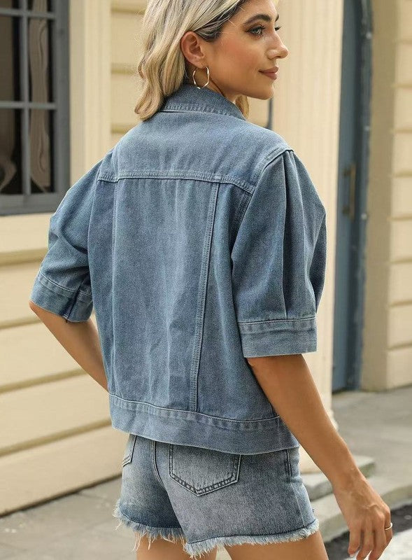Short Sleeve Button Up Denim Jacket | Trendy Jackets Outfit Idea for Women by Ro + Ivy | Elevated Basics, Modern Comfort & Style