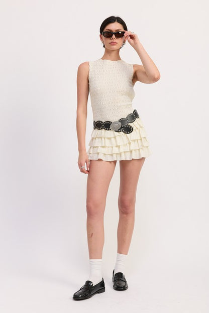 Tiered Ruffle Mini Skirt – IVORY outfit idea for women | Ro + Ivy