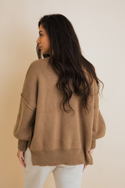 Mocha One Size Exposed Seam Oversized Round Neck Sweater | Trendy Sweaters Outfit Idea for Women by Ro + Ivy | Elevated Basics, Modern Comfort & Style