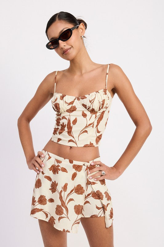 Ruched Floral Sweetheart Crop Top – NATURAL BROWN outfit idea for women | Ro + Ivy