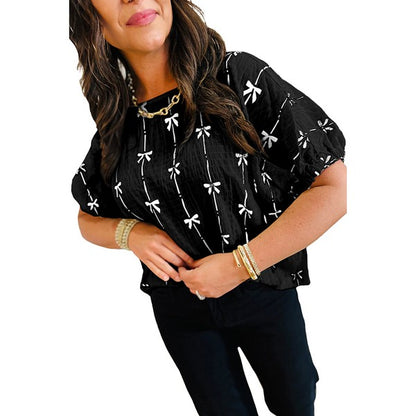 Bow Print Puff Short Sleeve Top – outfit idea for women | Ro + Ivy