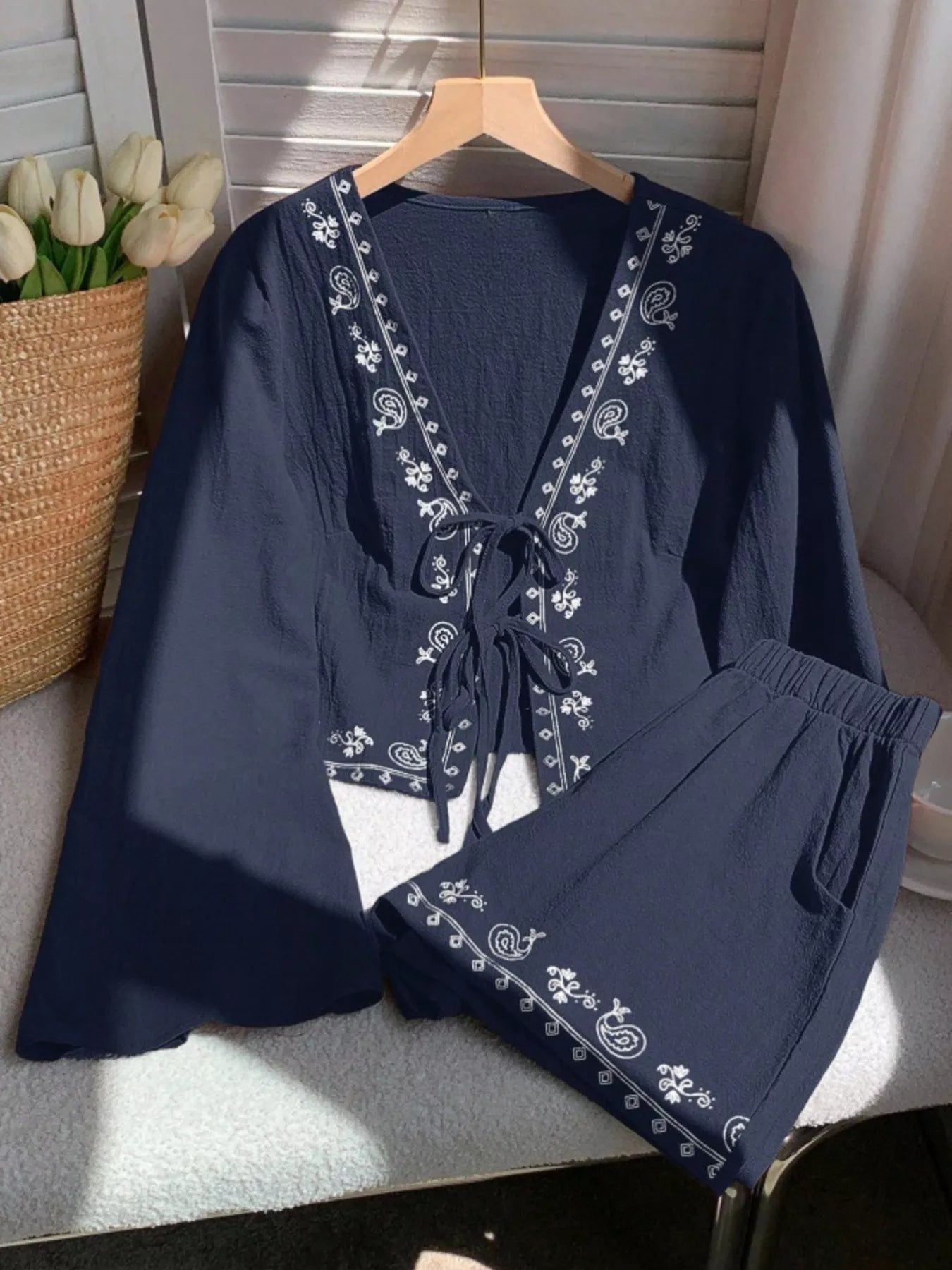 Women's Embroidered Tie Front Top and Shorts Set - Matching Sets