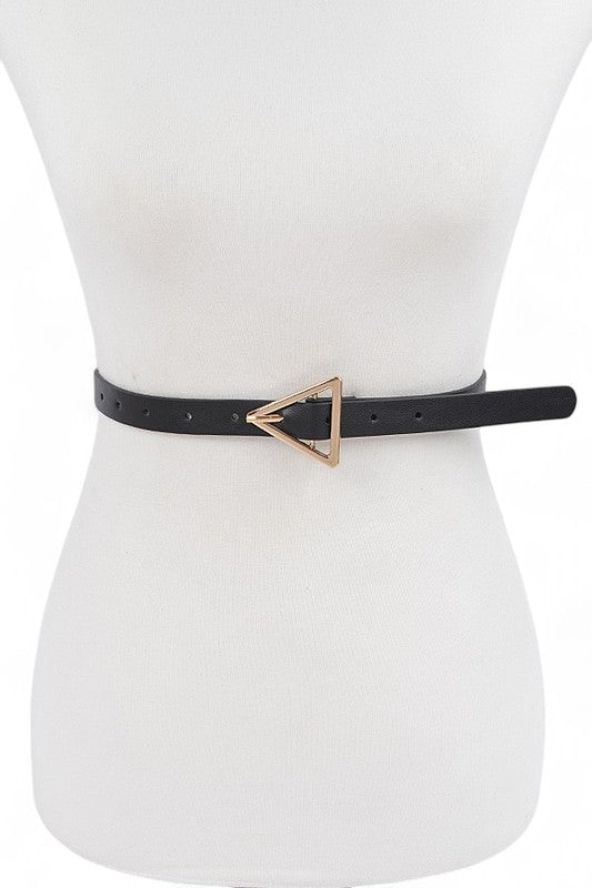Black O S PU Skinny Belt with Mixed Metal Triangle Buckle | Trendy Belts Outfit Idea for Women by Ro + Ivy | Elevated Basics, Modern Comfort & Style