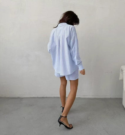 Striped Button Up Long Sleeve Two Piece Short Outfit Set – outfit idea for women | Ro + Ivy
