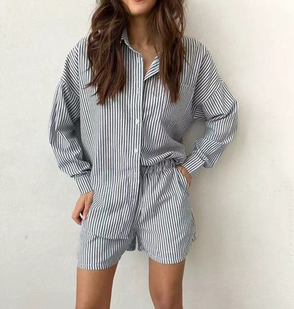 Striped Button Up Long Sleeve Two Piece Short Outfit Set – outfit idea for women | Ro + Ivy