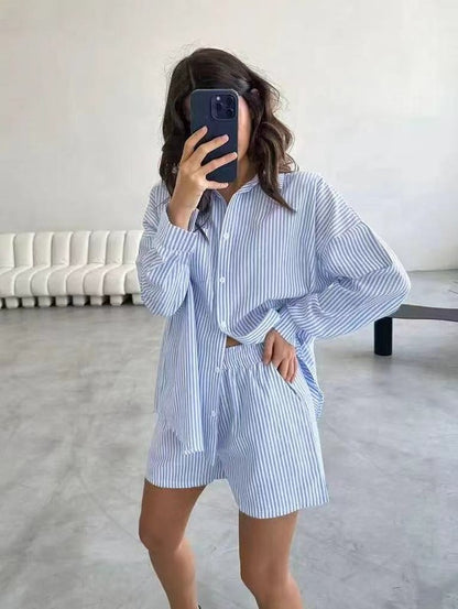 Striped Button Up Long Sleeve Two Piece Short Outfit Set – Blue outfit idea for women | Ro + Ivy
