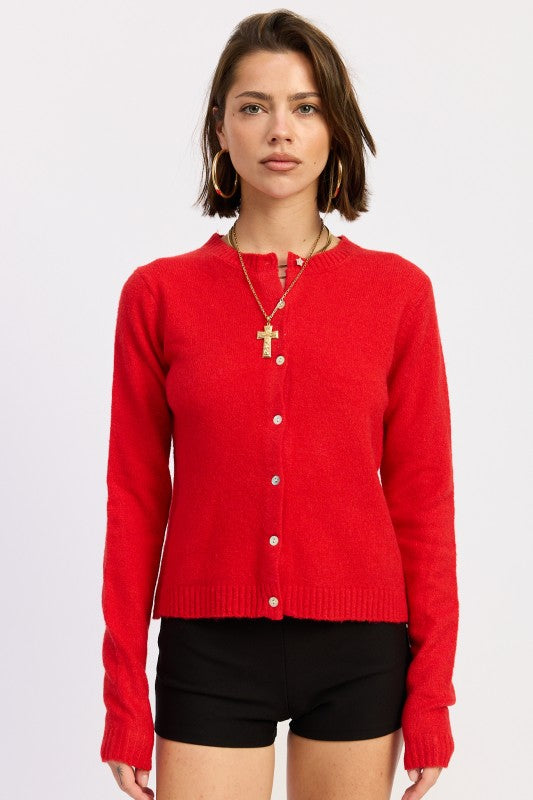 RED Classic Fitted Button Up Cardigan | Trendy Cardigans Outfit Idea for Women by Ro + Ivy | Elevated Basics, Modern Comfort & Style