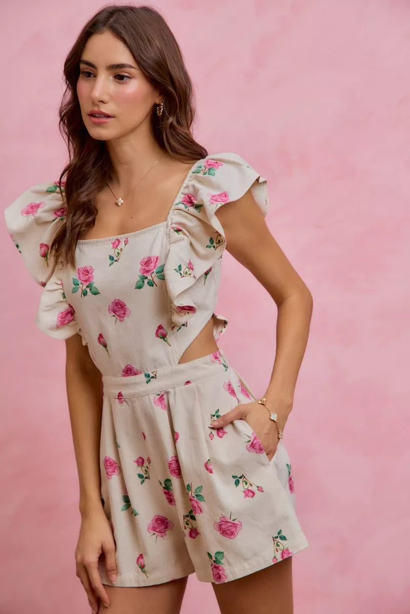Floral Print Denim Cut-Out Waist Ruffled Romper — Playful Feminine Casual Sunny Style - Rompers