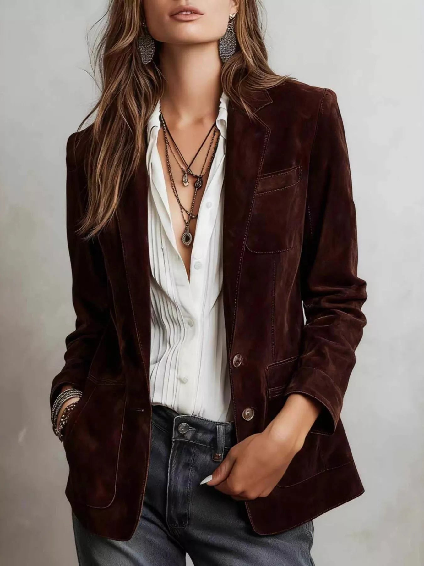 Slim Fit Suede Long Sleeve Blazer Rust