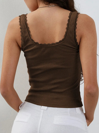 Lace Detail Square Neck Tank Top Chocolate