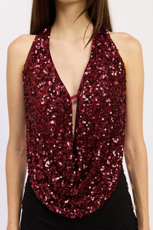 Deep V Halter Cowl Neck Sequin Top With Open Back | Trendy Tops Outfit Idea for Women by Ro + Ivy | Elevated Basics, Modern Comfort & Style