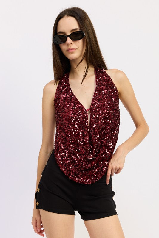 CHERRY Deep V Halter Cowl Neck Sequin Top With Open Back | Trendy Tops Outfit Idea for Women by Ro + Ivy | Elevated Basics, Modern Comfort & Style