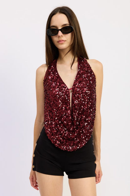 Deep V Halter Cowl Neck Sequin Top With Open Back | Trendy Tops Outfit Idea for Women by Ro + Ivy | Elevated Basics, Modern Comfort & Style