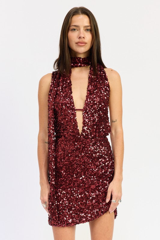 CHERRY Deep V Sequin Halter Neck With Scarf Mini Dress | Trendy Mini Dresses Outfit Idea for Women by Ro + Ivy | Elevated Basics, Modern Comfort & Style