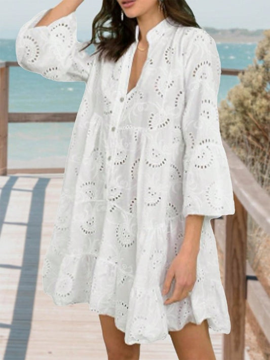 Cotton Embroidered Hollow Tiered Button Cover Up Dress – White outfit idea for women | Ro + Ivy