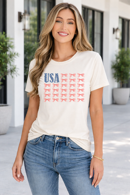 Bow American Flag Graphic Tee — Patriotic Soft Relaxed Flattering Style - White Graphic Tees