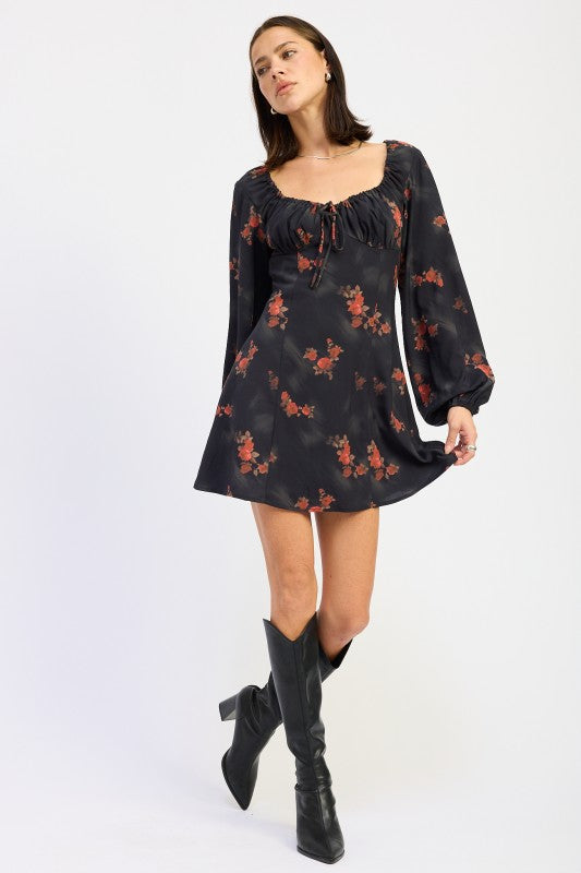 BLACK FLORAL Long Sleeve Square Neck Mini Dress | Trendy Mini Dresses Outfit Idea for Women by Ro + Ivy | Elevated Basics, Modern Comfort & Style