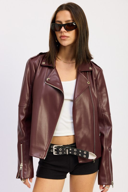BURGUNDY Faux Leather Biker Jacket In Burgundy | Trendy Jackets Outfit Idea for Women by Ro + Ivy | Elevated Basics, Modern Comfort & Style