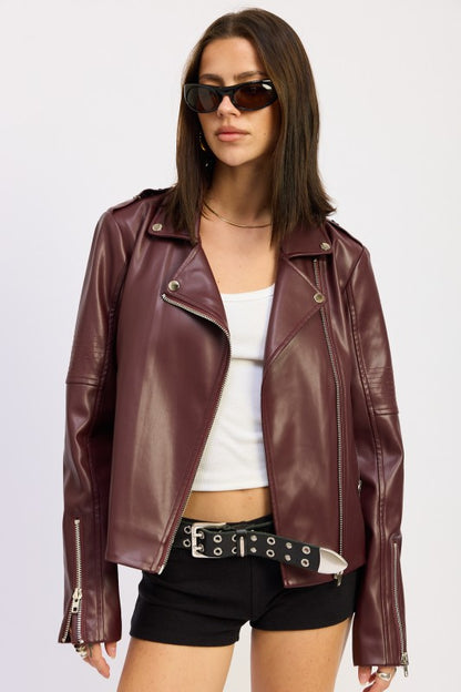 BURGUNDY Faux Leather Biker Jacket In Burgundy | Trendy Jackets Outfit Idea for Women by Ro + Ivy | Elevated Basics, Modern Comfort & Style