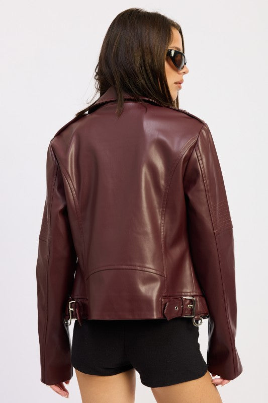 Faux Leather Biker Jacket In Burgundy | Trendy Jackets Outfit Idea for Women by Ro + Ivy | Elevated Basics, Modern Comfort & Style