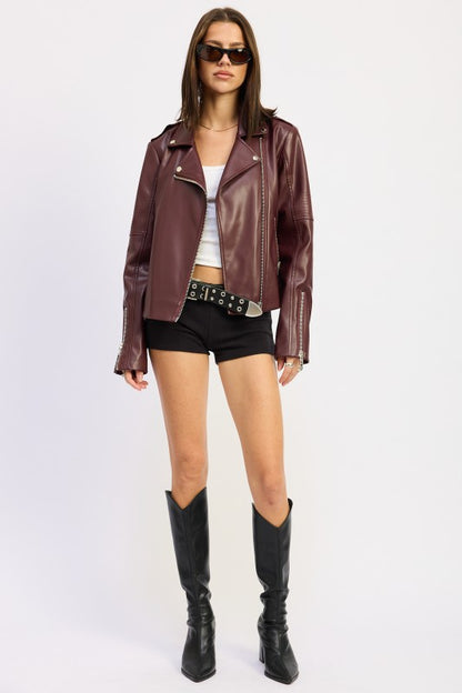 Faux Leather Biker Jacket In Burgundy | Trendy Jackets Outfit Idea for Women by Ro + Ivy | Elevated Basics, Modern Comfort & Style