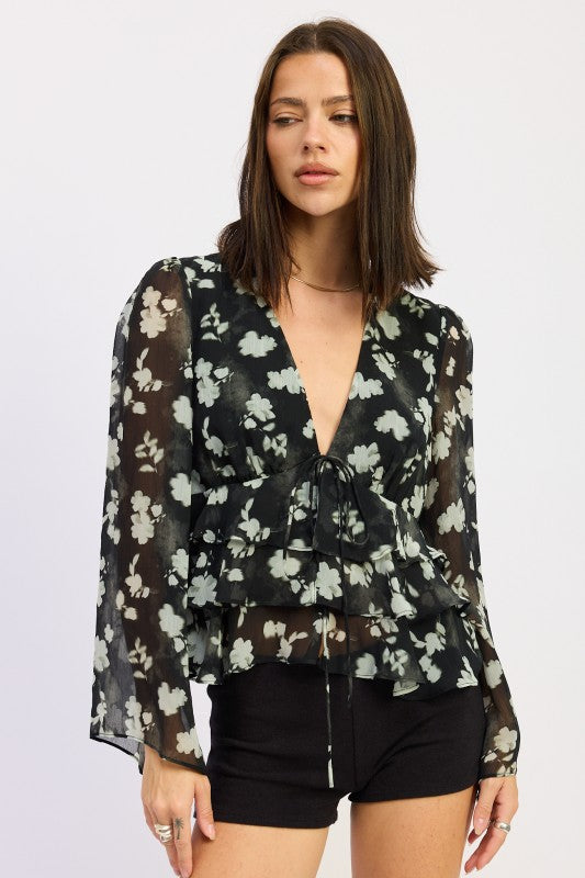 BLACK Floral Tie Front Tiered Ruffled Blouse | Trendy Blouses Outfit Idea for Women by Ro + Ivy | Elevated Basics, Modern Comfort & Style