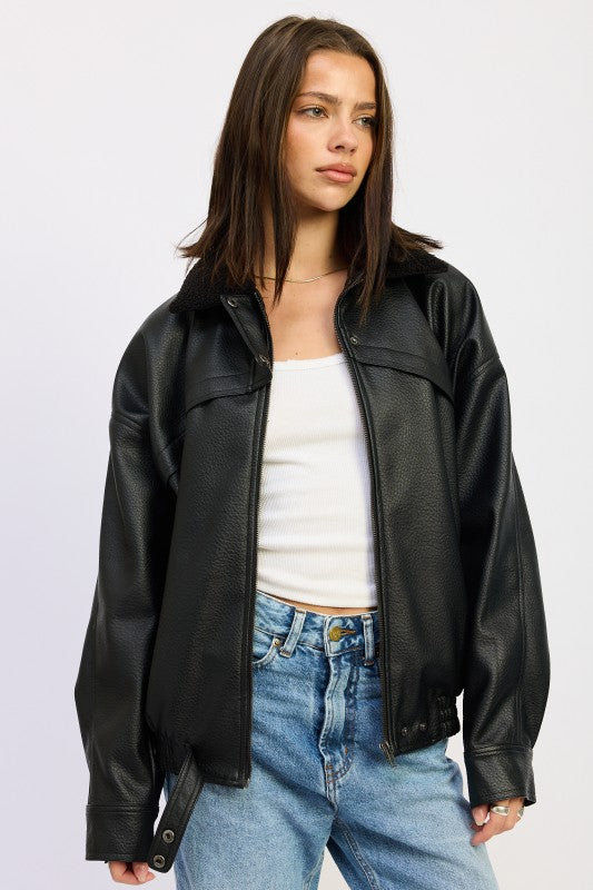 BLACK Faux Leather Shearling Collar Jacket | Trendy Jackets Outfit Idea for Women by Ro + Ivy | Elevated Basics, Modern Comfort & Style
