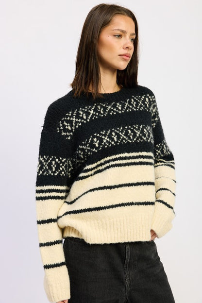 Fair Isle Round Neck Striped Oversized Sweater | Trendy Sweaters Outfit Idea for Women by Ro + Ivy | Elevated Basics, Modern Comfort & Style