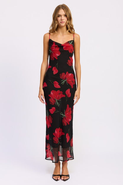 BLACK RED Floral Cowl Neck Fitted Maxi Dress | Trendy Maxi Dresses Outfit Idea for Women by Ro + Ivy | Elevated Basics, Modern Comfort & Style
