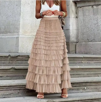Beige Elegant Tiered Ruffle Maxi Skirt | Trendy Skirts Outfit Idea for Women by Ro + Ivy | Elevated Basics, Modern Comfort & Style