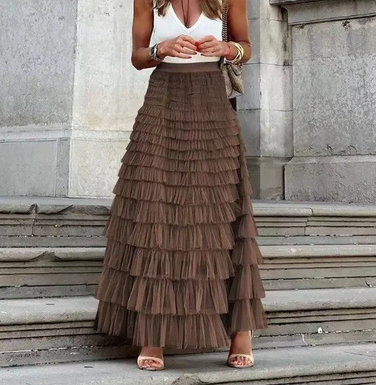 Brown Elegant Tiered Ruffle Maxi Skirt | Trendy Skirts Outfit Idea for Women by Ro + Ivy | Elevated Basics, Modern Comfort & Style