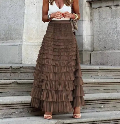 Brown Elegant Tiered Ruffle Maxi Skirt | Trendy Skirts Outfit Idea for Women by Ro + Ivy | Elevated Basics, Modern Comfort & Style