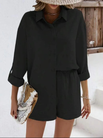 Women's Button Down Shirt and Shorts Set - Black Matching Sets