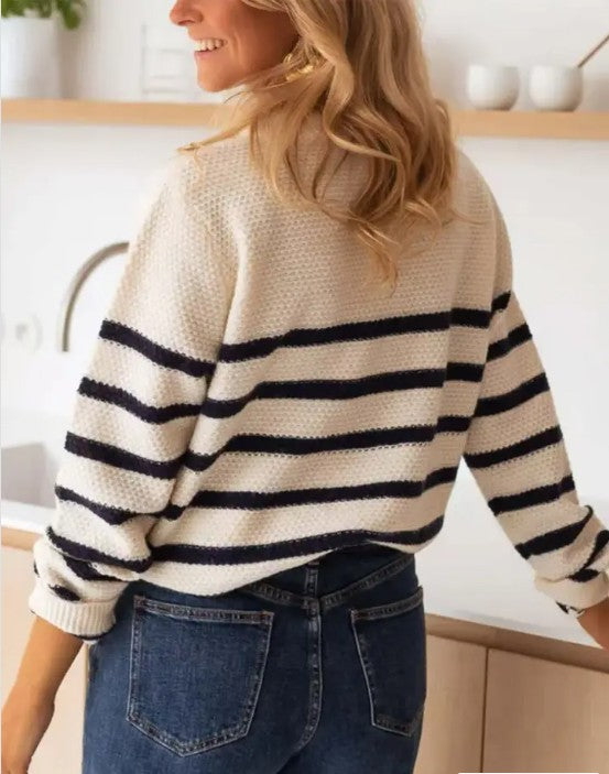 Waffle Wide Stripes Front Button Up Pullover Sweater | Trendy Sweaters Outfit Idea for Women by Ro + Ivy | Elevated Basics, Modern Comfort & Style