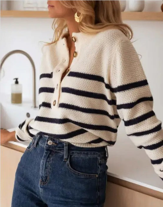 CREAM MULTI Waffle Wide Stripes Front Button Up Pullover Sweater | Trendy Sweaters Outfit Idea for Women by Ro + Ivy | Elevated Basics, Modern Comfort & Style