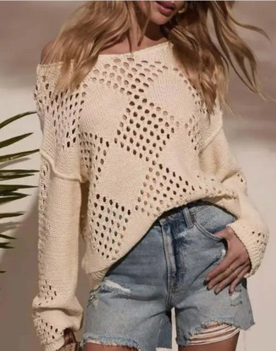 Beige Hollow Knit V-Neck Exposed Seam Sweater | Trendy Sweaters Outfit Idea for Women by Ro + Ivy | Elevated Basics, Modern Comfort & Style