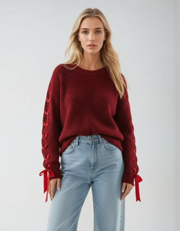 Red Lightweight Crew Neck Ribbon Inset Sleeves Sweater | Trendy Sweaters Outfit Idea for Women by Ro + Ivy | Elevated Basics, Modern Comfort & Style