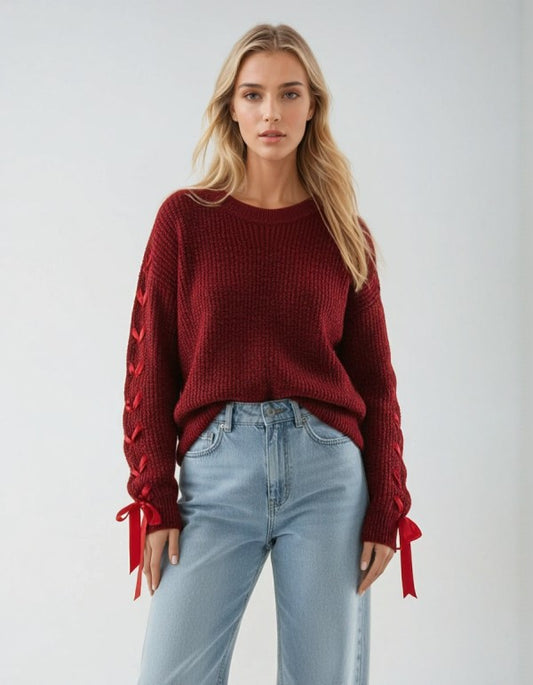 Red Lightweight Crew Neck Ribbon Inset Sleeves Sweater | Trendy Sweaters Outfit Idea for Women by Ro + Ivy | Elevated Basics, Modern Comfort & Style