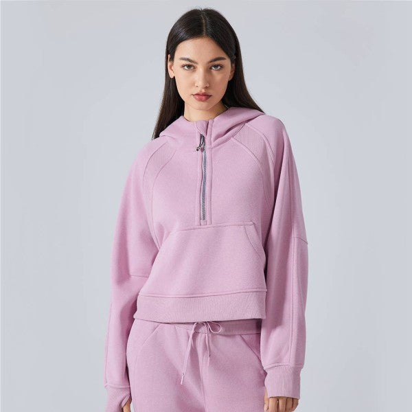 pink Cozy Half-Zip Hoodie | Trendy Zip-Up Hoodies Outfit Idea for Women by Ro + Ivy | Elevated Basics, Modern Comfort & Style
