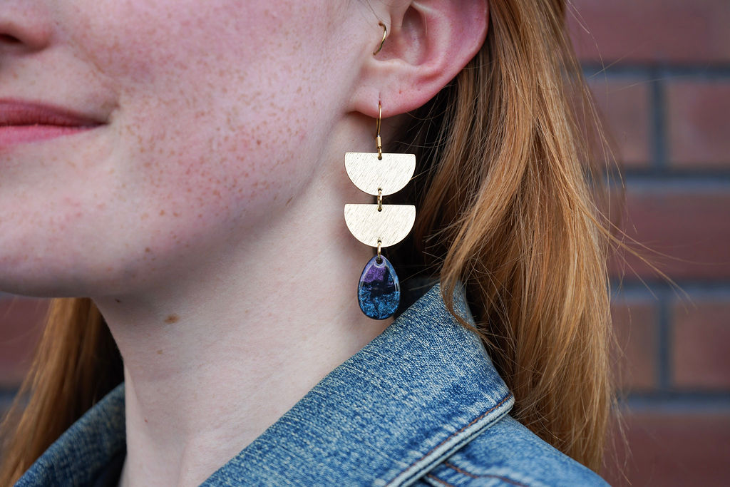 Midnight Shimmer Glamour Statement Earrings — Gold Acrylic Layered Dangle Everyday Style - Earrings