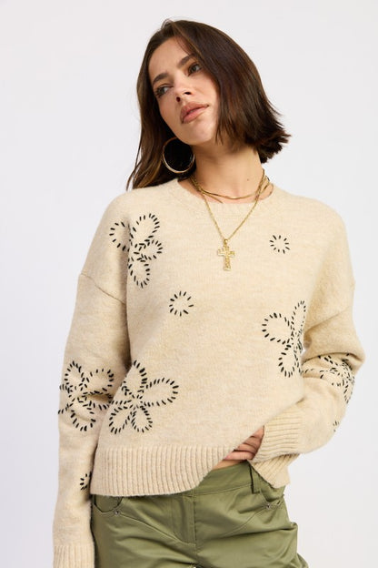 Floral Whipstitch Crew Neck Sweater | Trendy Sweaters Outfit Idea for Women by Ro + Ivy | Elevated Basics, Modern Comfort & Style