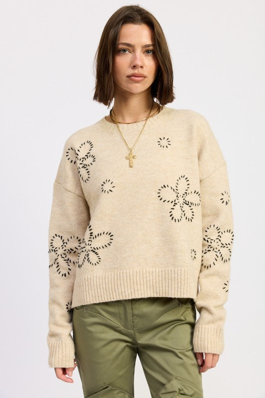 OAT Floral Whipstitch Crew Neck Sweater | Trendy Sweaters Outfit Idea for Women by Ro + Ivy | Elevated Basics, Modern Comfort & Style