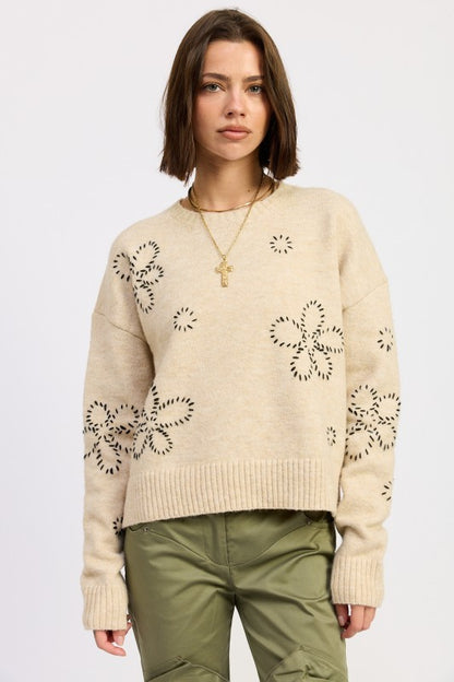 OAT Floral Whipstitch Crew Neck Sweater | Trendy Sweaters Outfit Idea for Women by Ro + Ivy | Elevated Basics, Modern Comfort & Style
