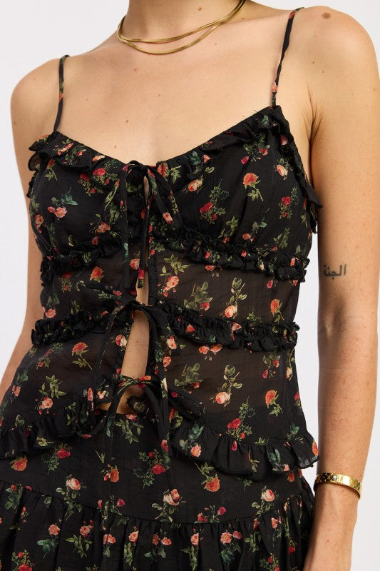 Floral Print Ruffled Cami Top with Front Ties - Cami Tops