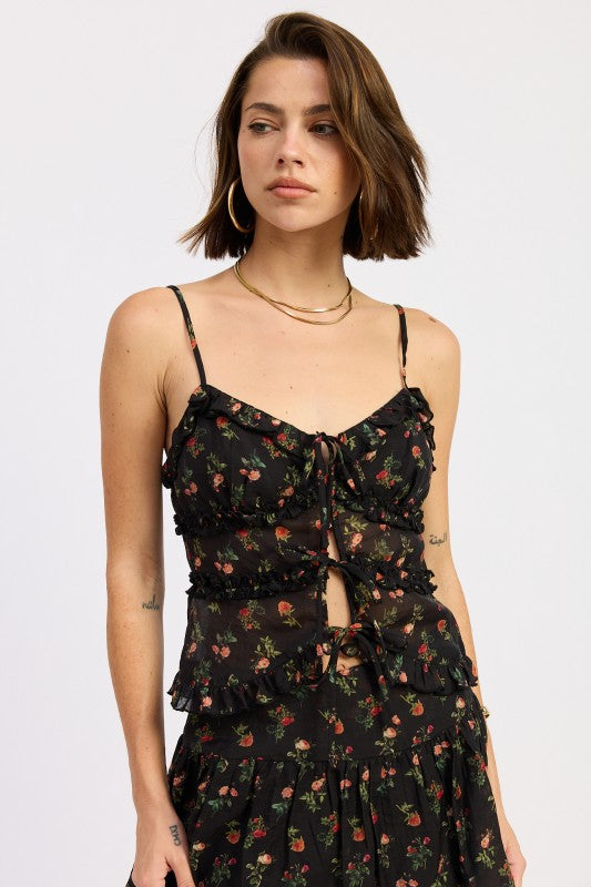 Floral Print Ruffled Cami Top with Front Ties - BLACK FLORAL Cami Tops