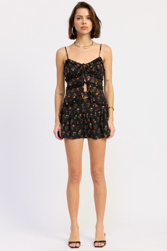 Floral Print Ruffled Cami Top with Front Ties - Cami Tops