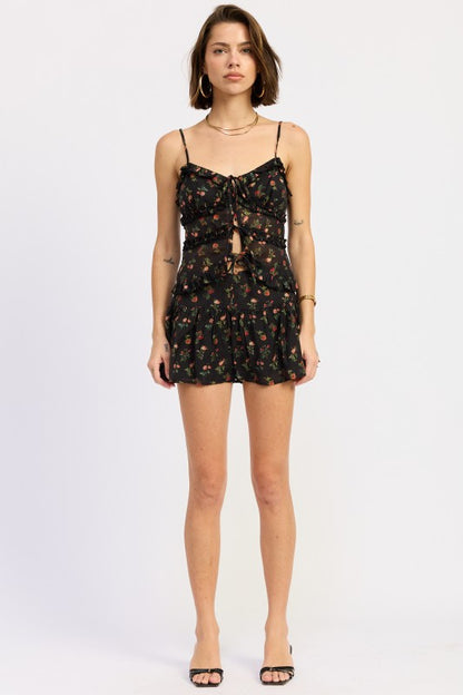 Floral Print Ruffled Cami Top with Front Ties - Cami Tops